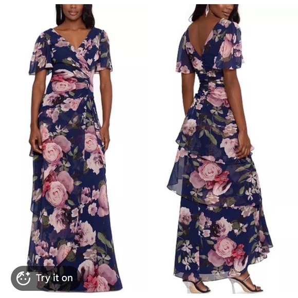 Xscape Dresses & Skirts - Xscape Women 12 Navy Blue Floral Chiffon Ruched Tiered Ruffle Gown 4959X
